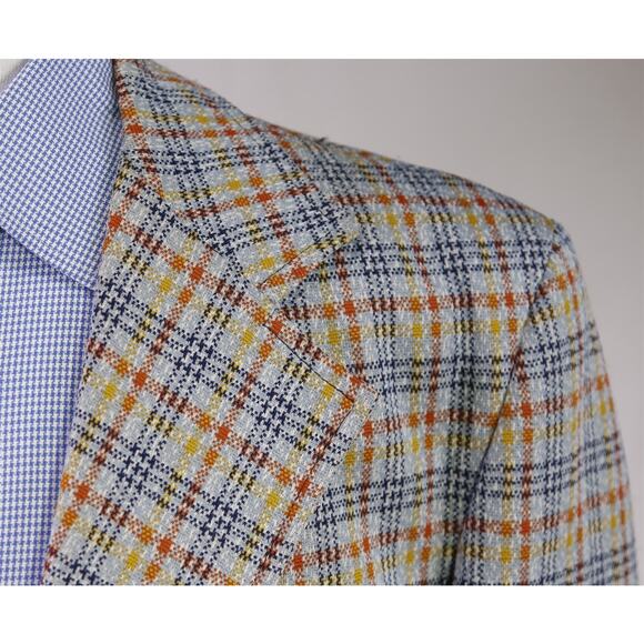 Vintage 60s 70s Double Knit Polyester Blue Orange Gold Check Blazer 44R - Picture 4 of 7